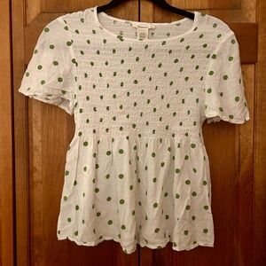 URBAN Romantics Women’s Sz L Cottagecore White & Green Polka Dot Top W/ Smocking